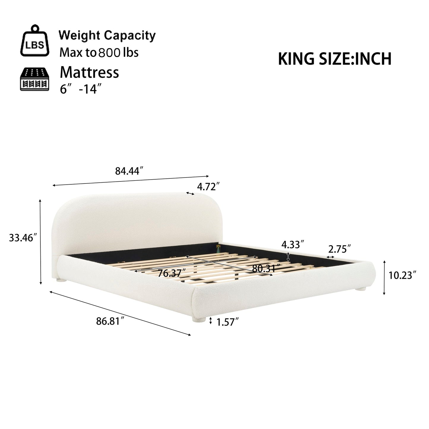 Upholstered simple modern bedroom bed with curved headboard in white fabric and visible slatted base on Tampa Home & Garden Store