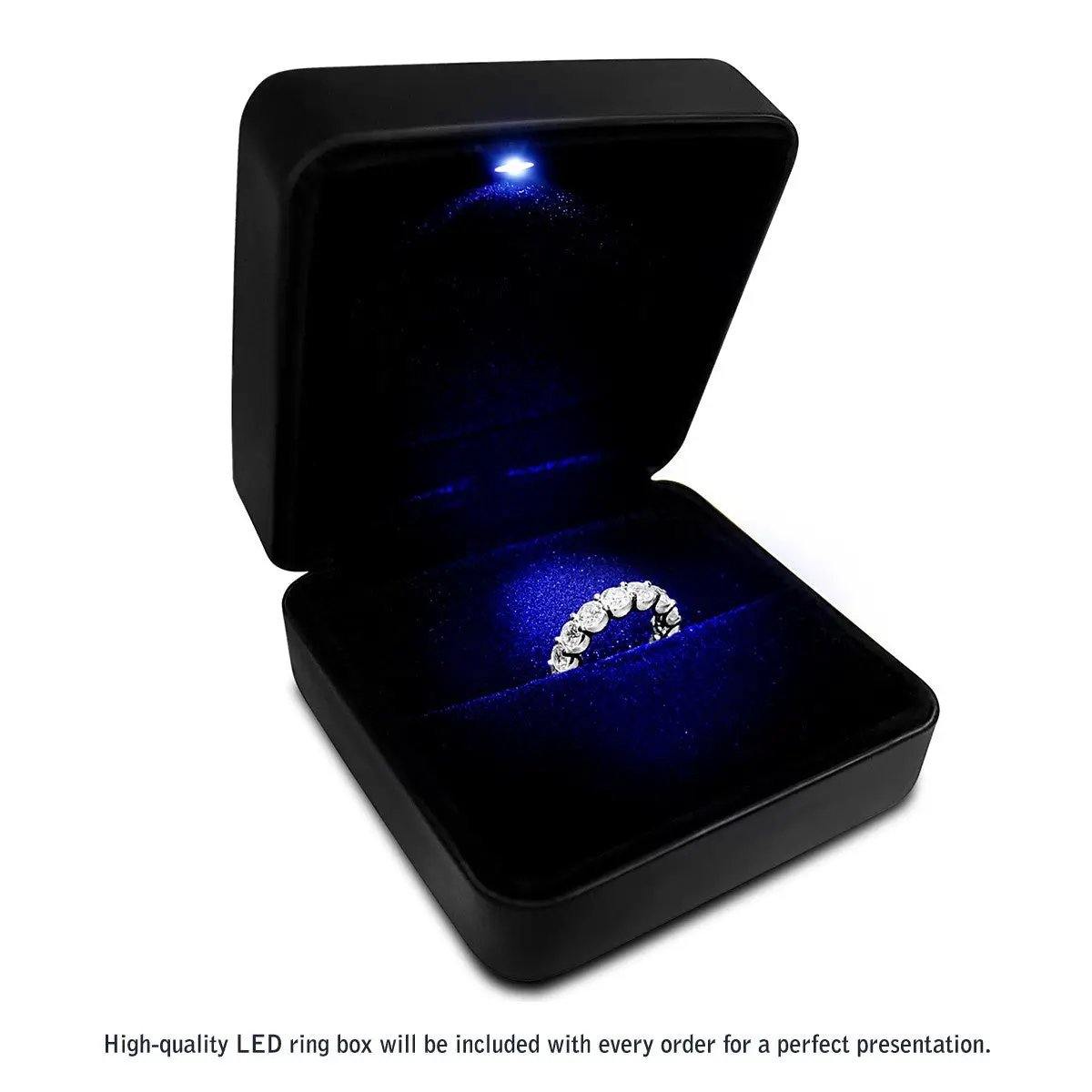Round-cut lab-grown diamond eternity ring in 14k white gold, 5 cttw FG/VS2 in black jewelry box on Tampa Home & Garden Store