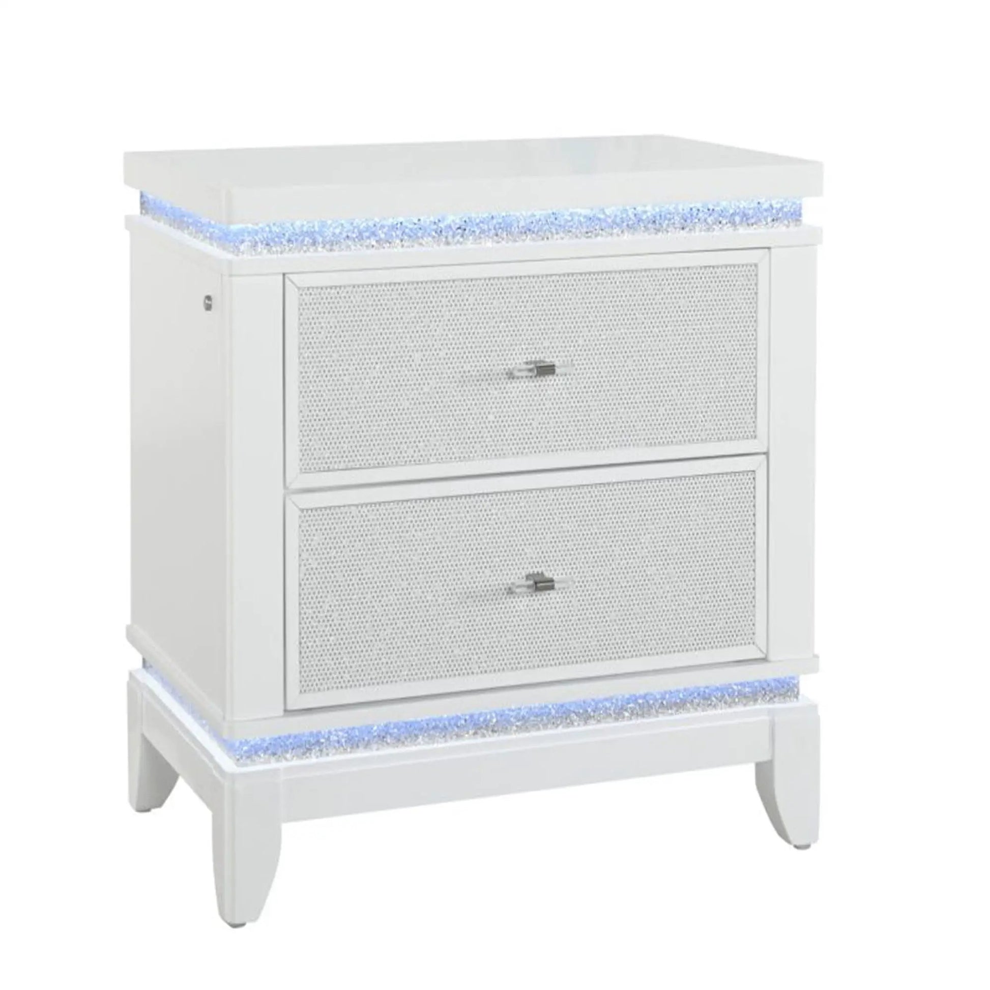 Adalid white nightstand three-drawer accent with glittered fronts and LED lighting on Tampa Home & Garden Store