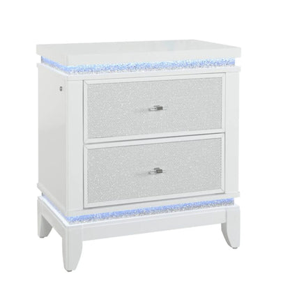 Adalid white nightstand three-drawer accent with glittered fronts and LED lighting on Tampa Home & Garden Store