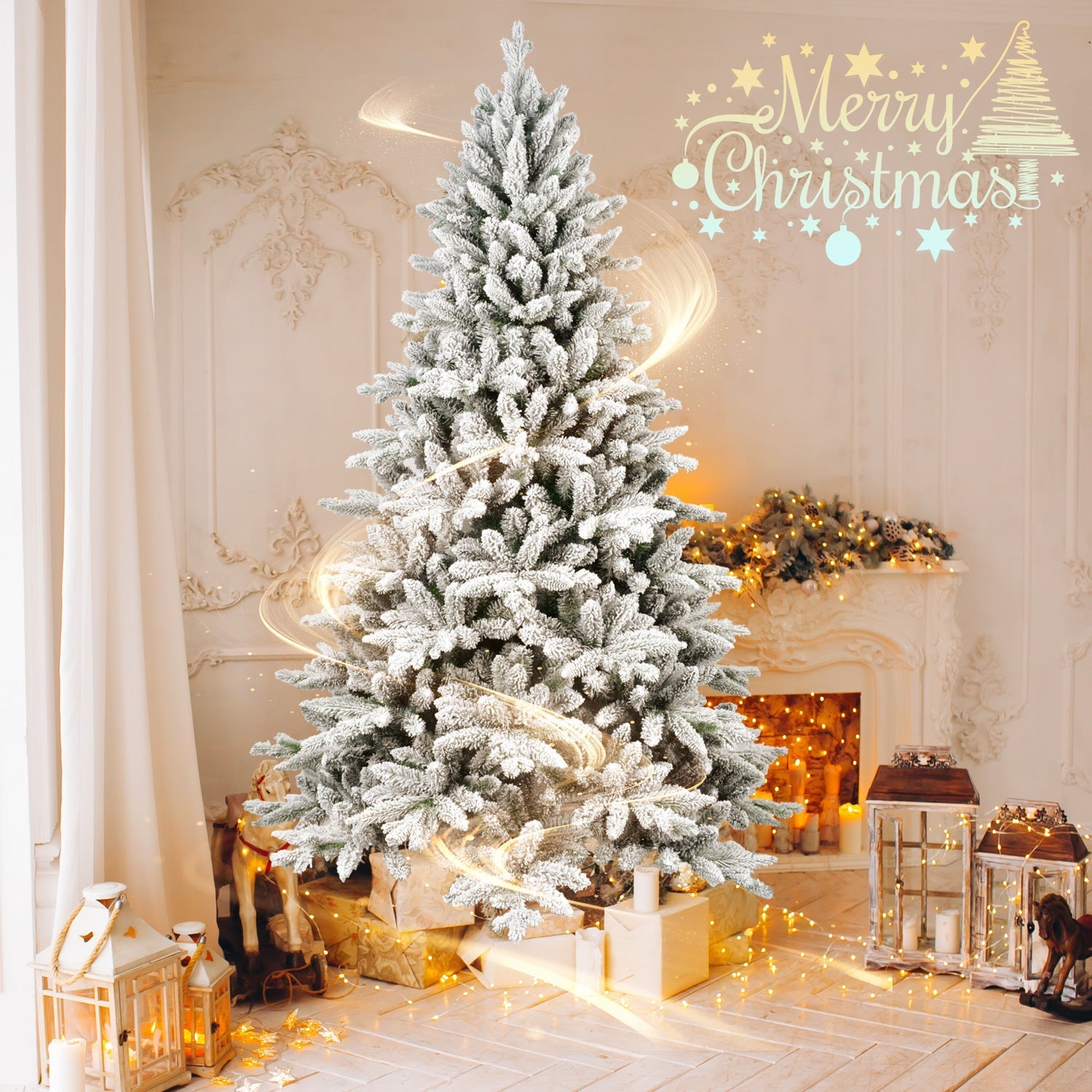 7ft Flocked Christmas Tree with 1514 Tips, snow-dusted green needles in a cozy living room on Tampa Home & Garden Store
