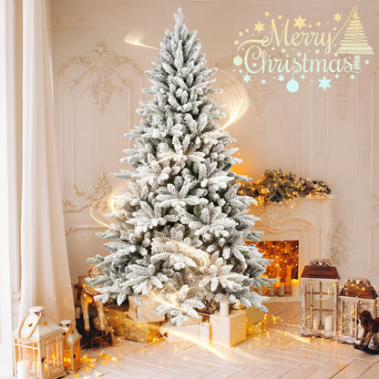 7ft Flocked Christmas Tree with 1514 Tips, snow-dusted green needles in a cozy living room on Tampa Home & Garden Store