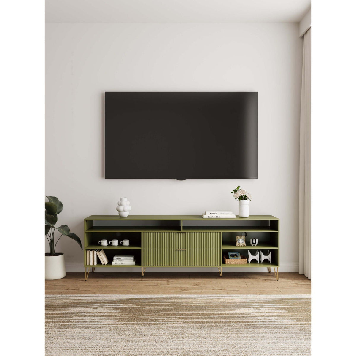 Fluted TV Stand with storage in olive green and metal legs by HouseOfZazla on Tampa Home & Garden Store