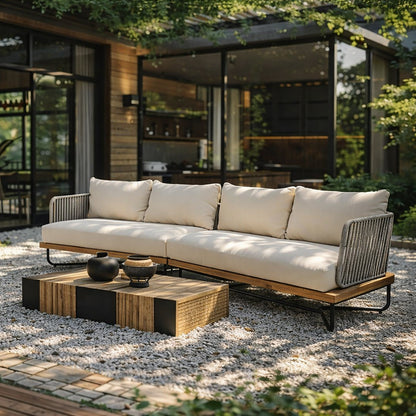Lucca outdoor acacia wood rope-woven sofa sectional with beige cushions on Tampa Home & Garden Store