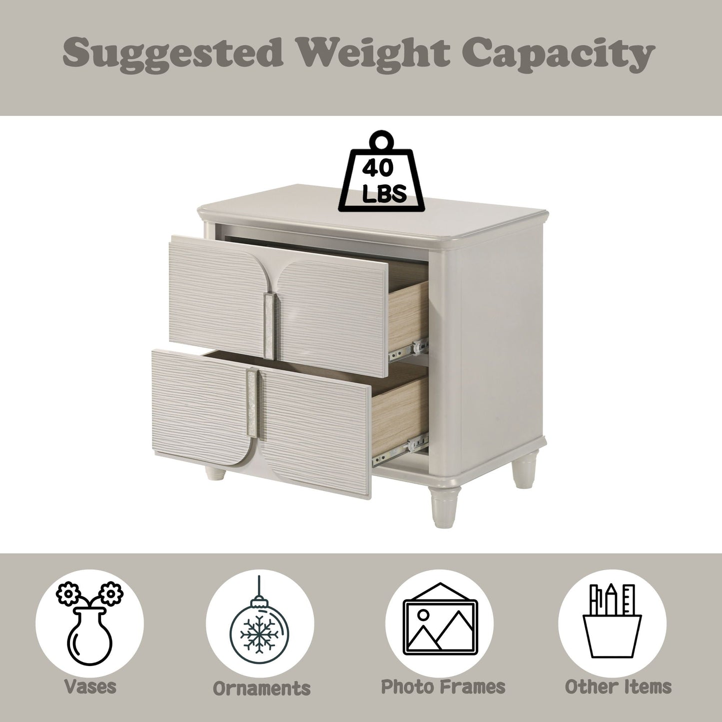 Laveda Nightstand White by HouseOfZazla; ribbed drawer fronts, wood interior, metal pulls on Tampa Home & Garden Store