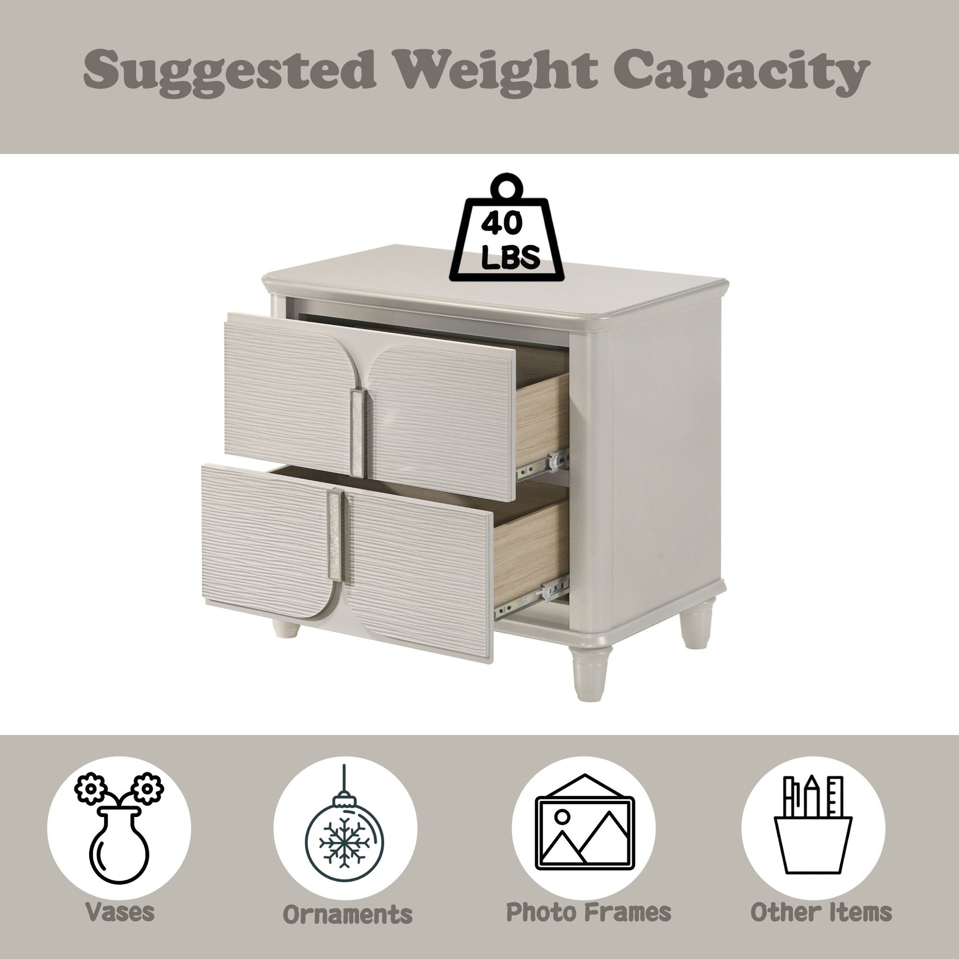 Laveda Nightstand White by HouseOfZazla; ribbed drawer fronts, wood interior, metal pulls on Tampa Home & Garden Store
