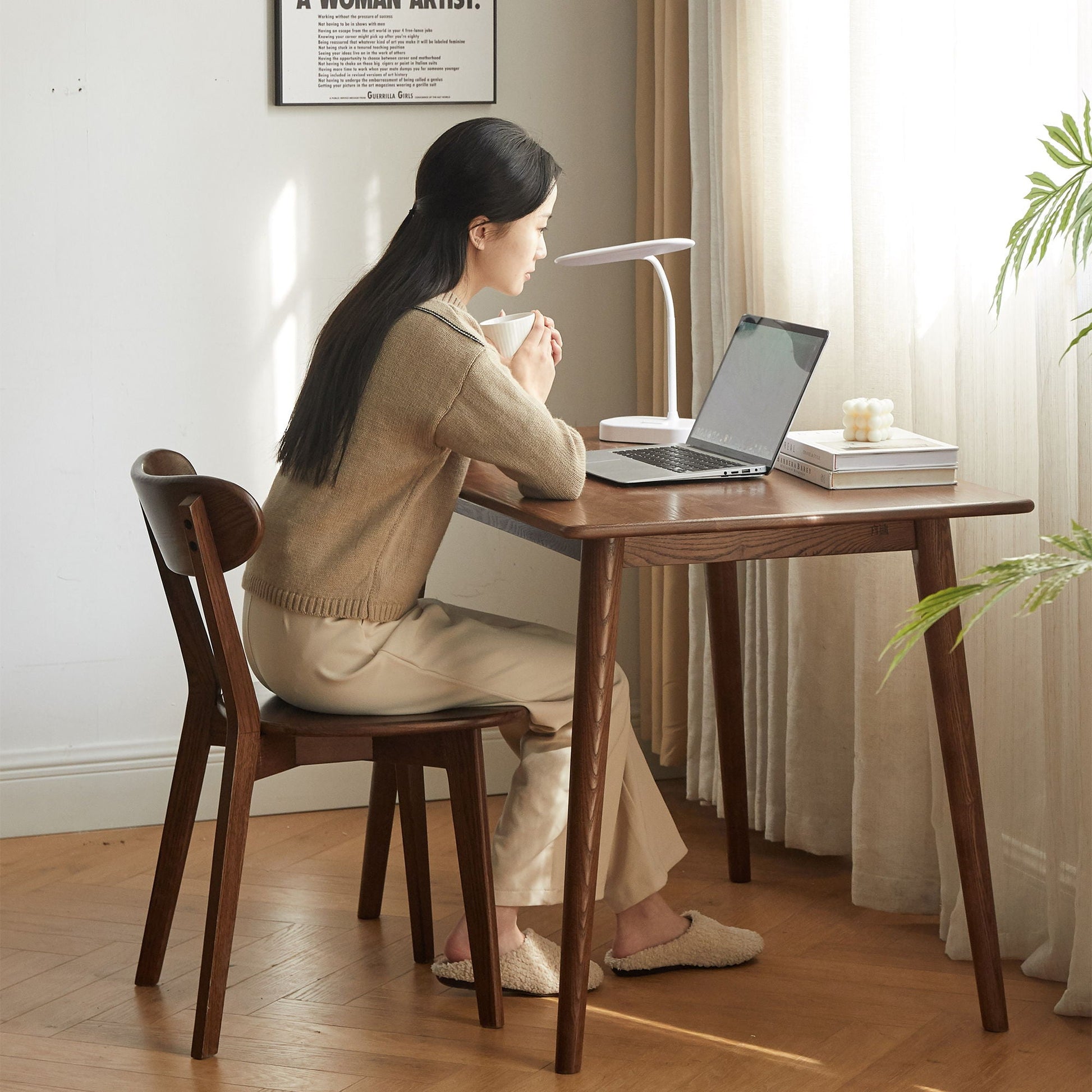 Simple Dining Chair set, 2 dark wood chairs around a desk with laptop on Tampa Home & Garden Store