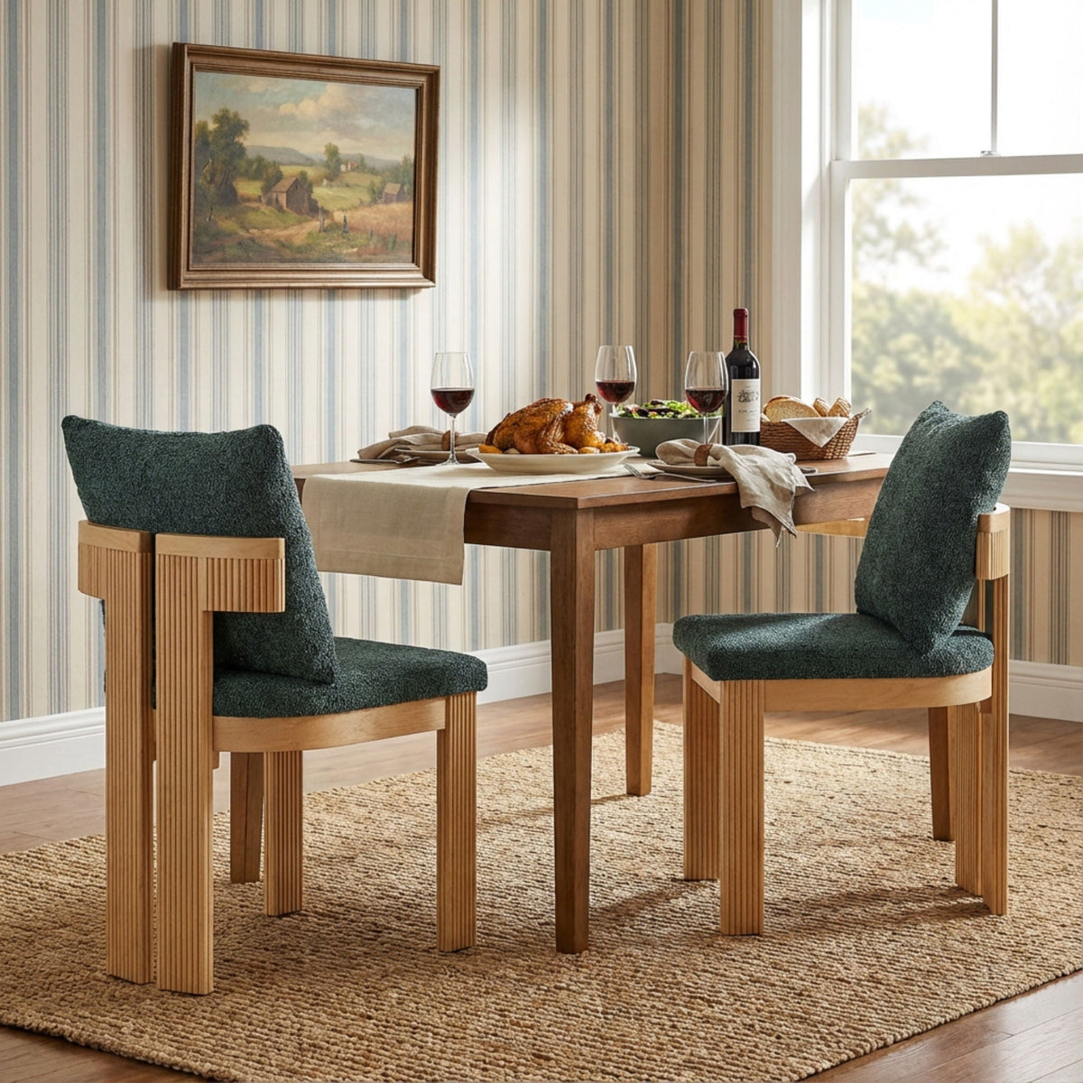 Boucle upholstered dining chairs set of 2 with rubber wood frame in blue fabric HouseOfZazla on Tampa Home & Garden Store