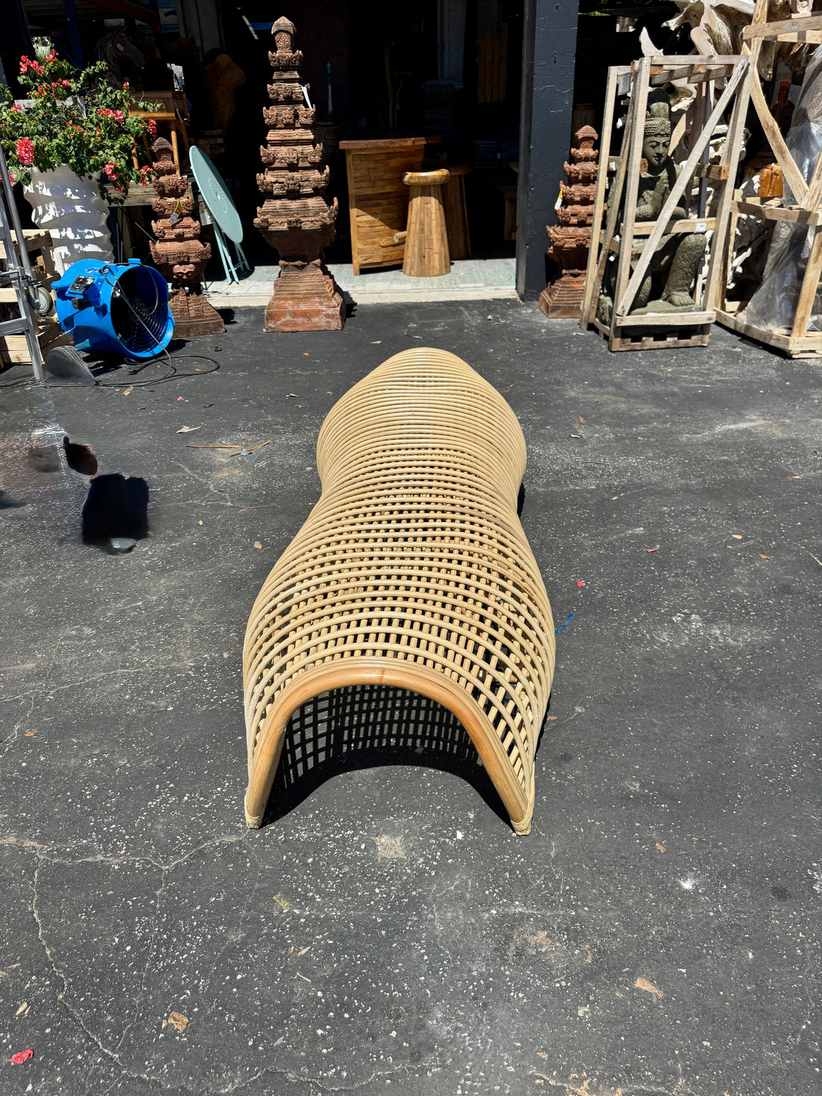 Rattan Free Form Minimalist Bench 200 Cm, curved woven rattan, natural beige tone on Tampa Home & Garden Store