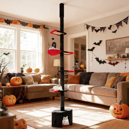 Floor to Ceiling Gothic Cat Tree 97-118 Inches Adjustable 5-Tier with Condo-Black - Tampa Home & Garden Store