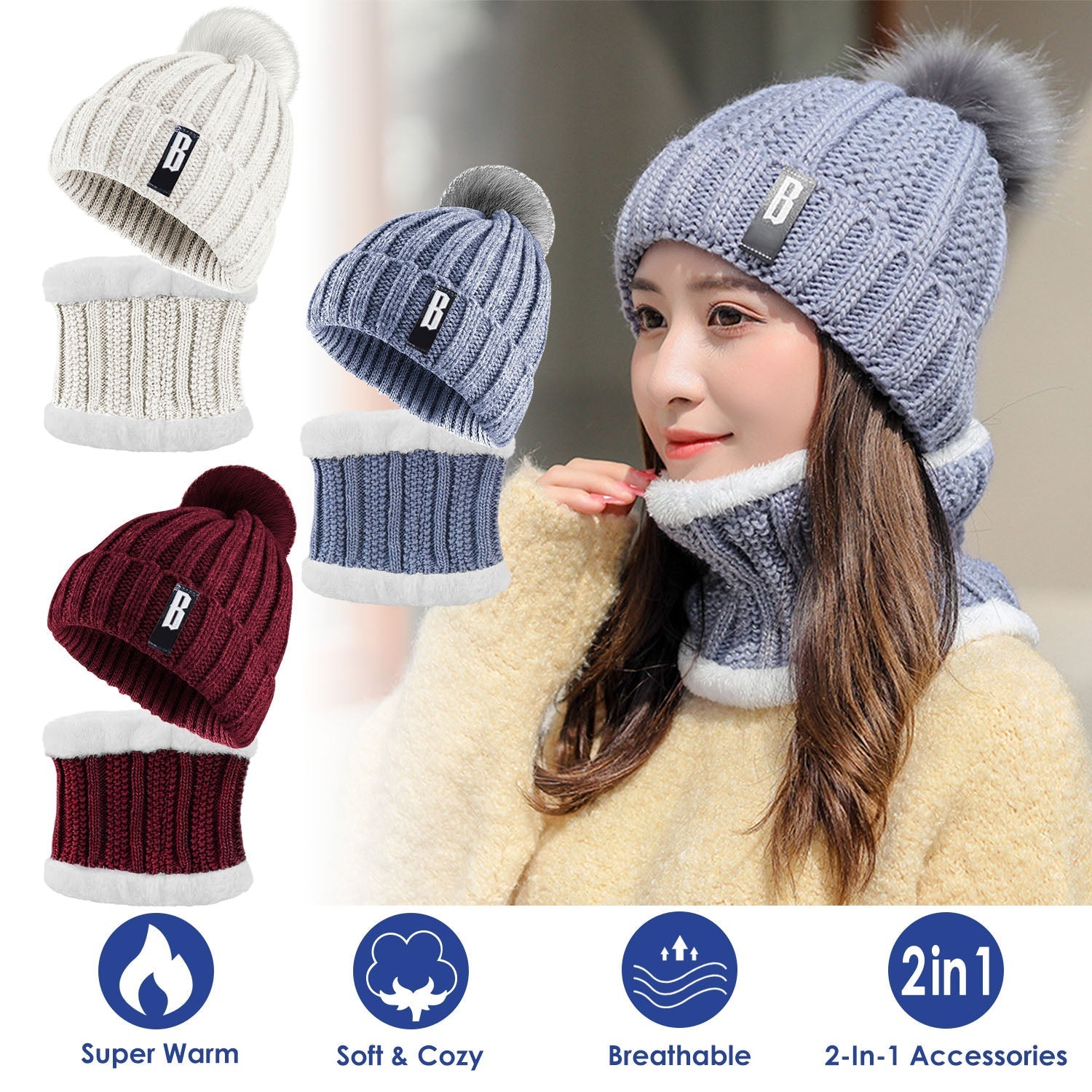 GemGear winter beanie scarf set women; ribbed knit, faux fur pom, cozy neck warmer on Tampa Home & Garden Store