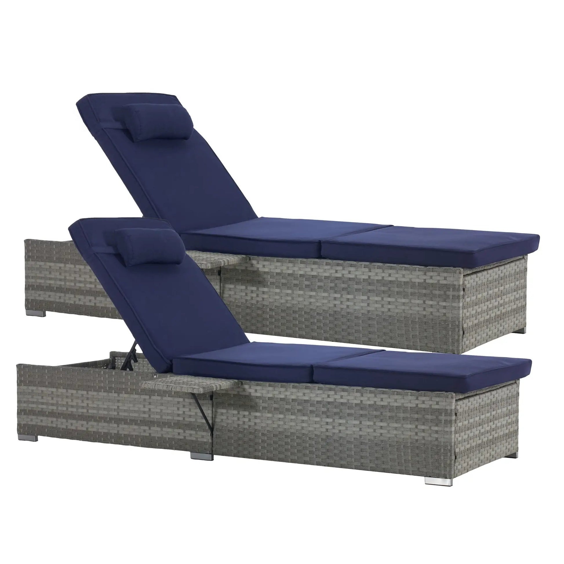 Outdoor chaise lounge set with navy cushions on gray PE rattan base Unique Piece Furniture on Tampa Home & Garden Store