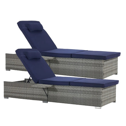 Outdoor chaise lounge set with navy cushions on gray PE rattan base Unique Piece Furniture on Tampa Home & Garden Store