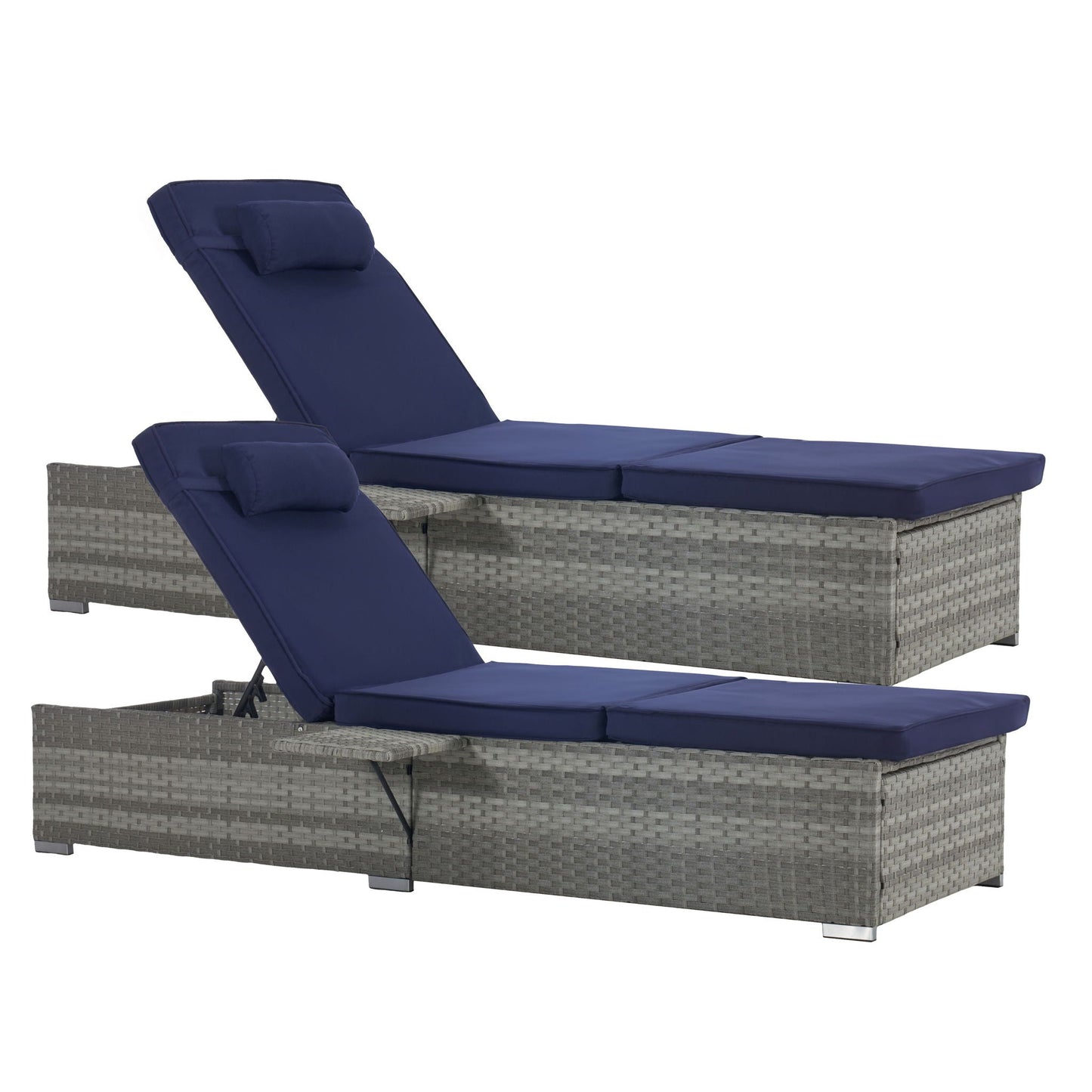 Set of three outdoor chaise lounges with navy cushions on a gray wicker base on Tampa Home & Garden Store