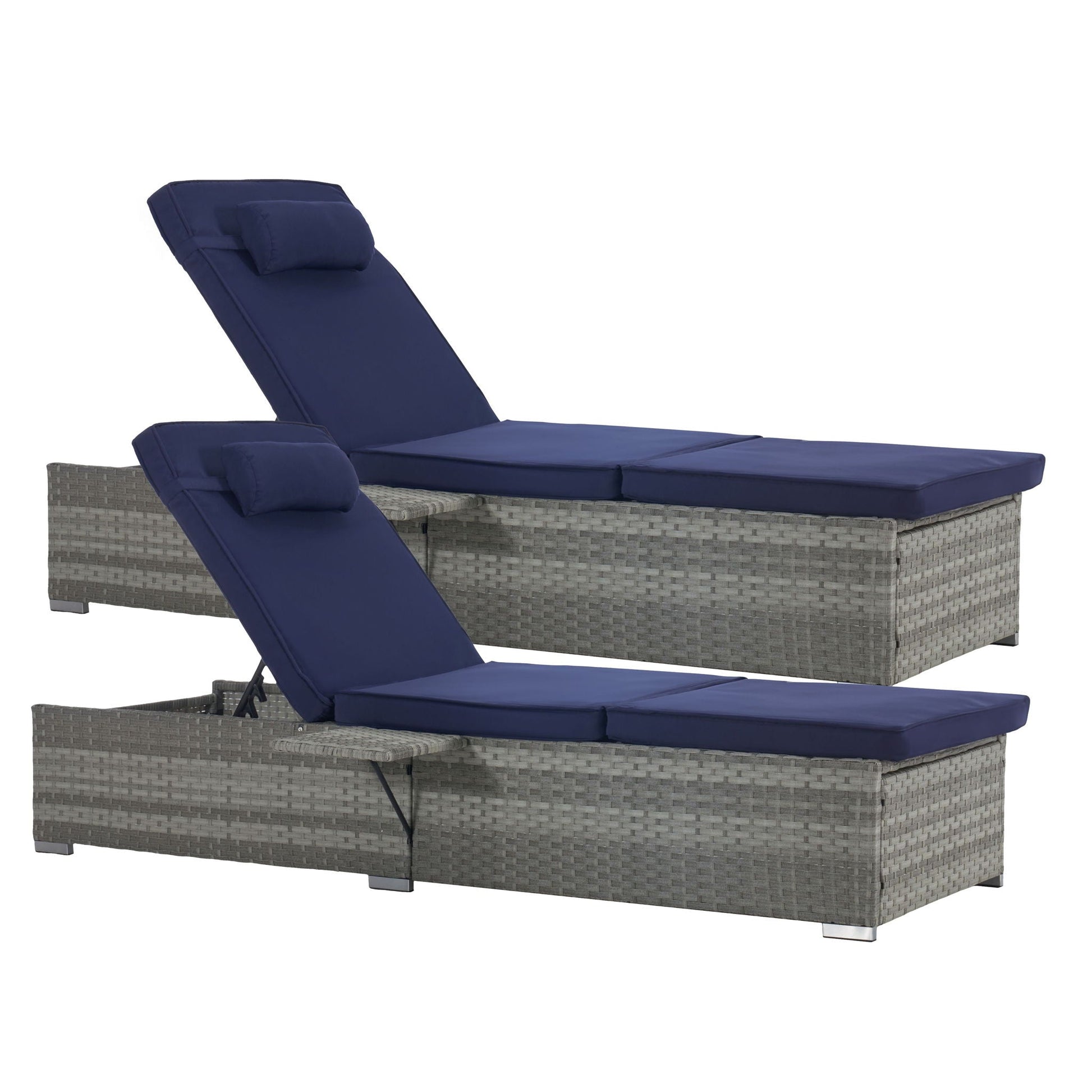 Set of three outdoor chaise lounges with navy cushions on a gray wicker base on Tampa Home & Garden Store