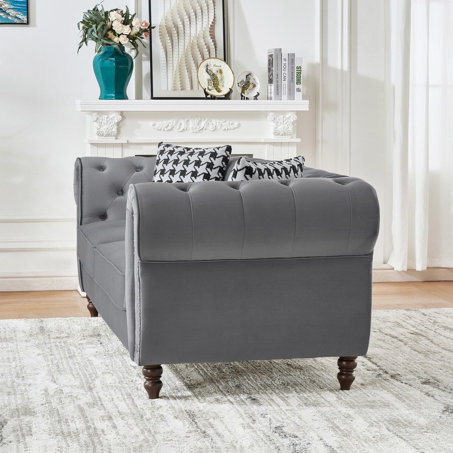 Chesterfield Upholstery Fabric Sofa with Roll Arm and Nailhead, gray fabric, 2-piece set on Tampa Home & Garden Store