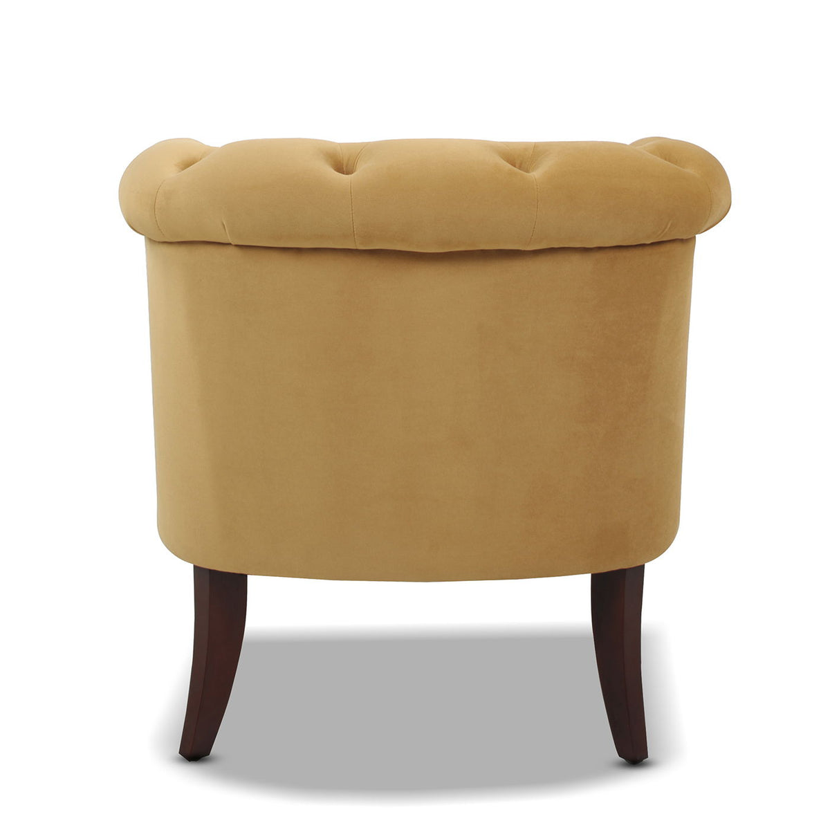 Tufted Accent Chair with Barrel Back - Yellow, mustard velvet upholstery, dark wooden legs on Tampa Home & Garden Store