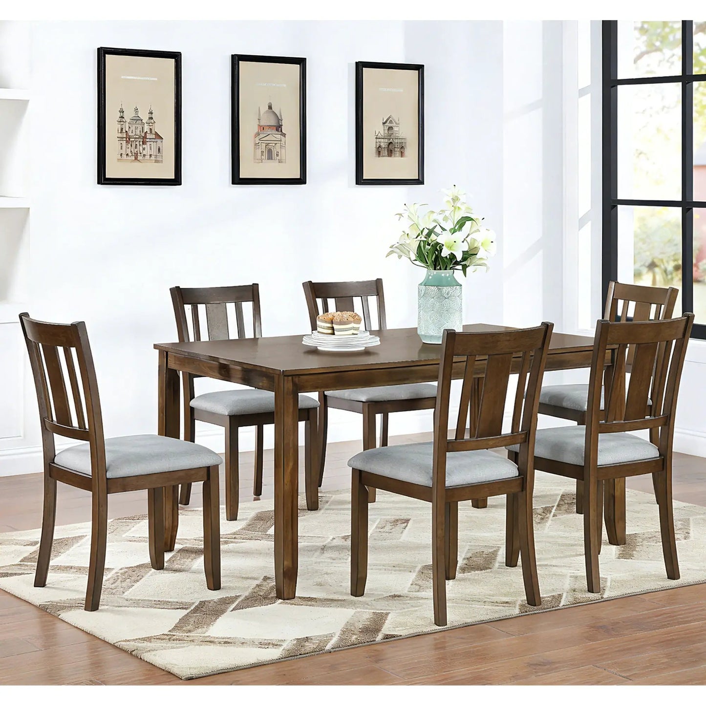 Kitchen Dining Set 6-piece dark wood rectangular table with gray upholstered chairs on Tampa Home & Garden Store