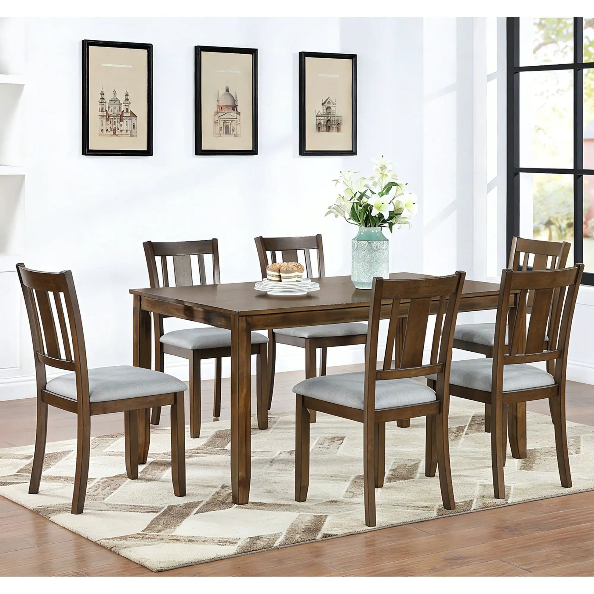 Kitchen Dining Set 6-piece dark wood rectangular table with gray upholstered chairs on Tampa Home & Garden Store
