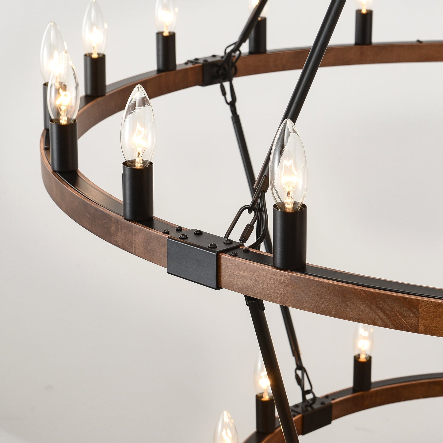 Large solid wood wagon wheel chandelier, 2-tier, 32 lights with wood ring and black hardware on Tampa Home & Garden Store