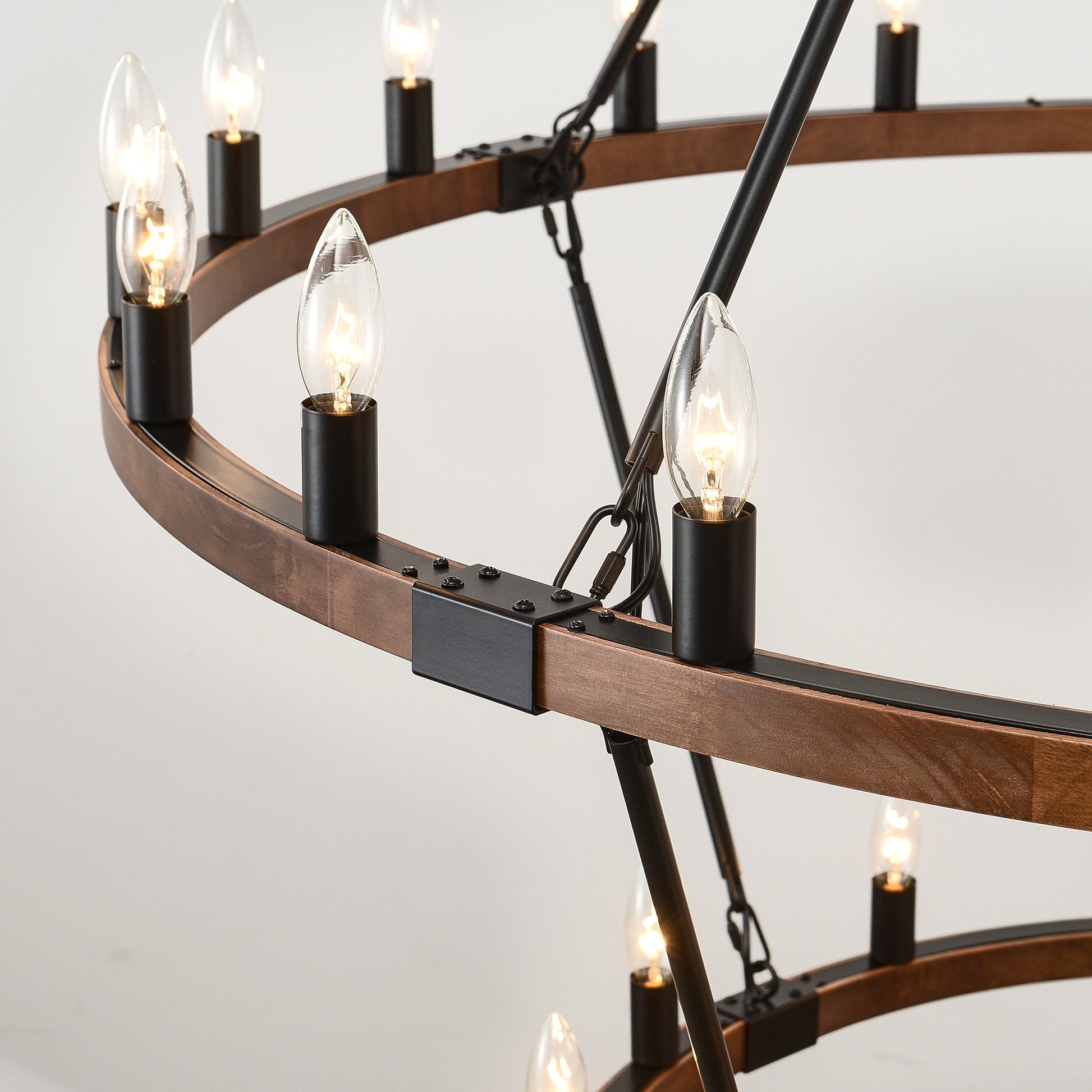 Large solid wood wagon wheel chandelier, 2-tier, 32 lights with wood ring and black hardware on Tampa Home & Garden Store