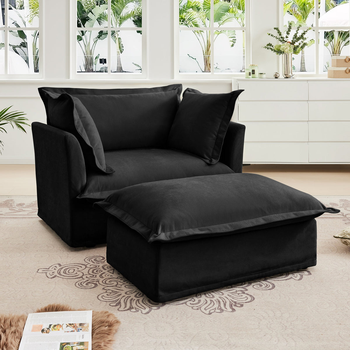 Upholstered slipcovered armchair with ottoman in black fabric by HouseOfZazla on Tampa Home & Garden Store