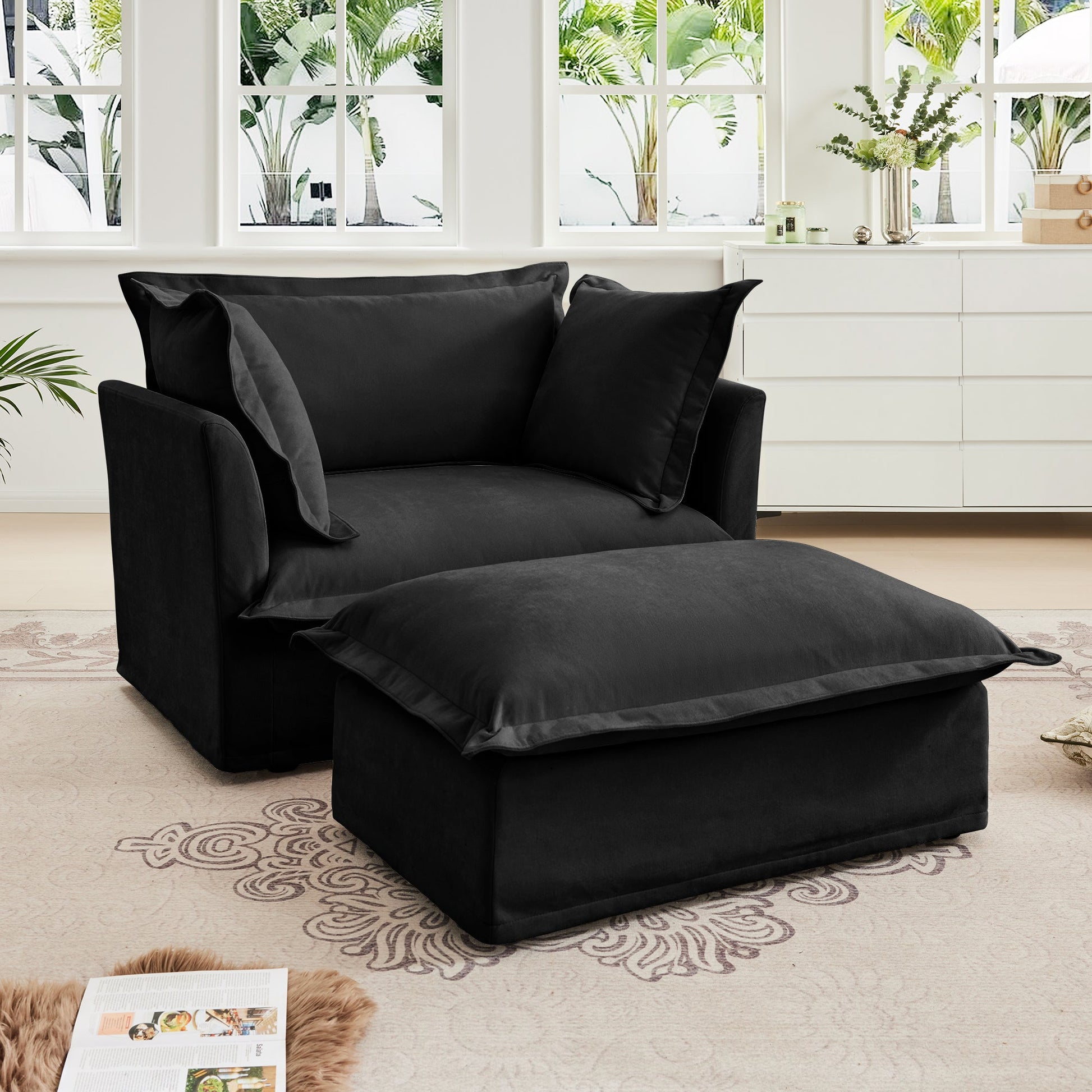 Upholstered slipcovered armchair with ottoman in black fabric by HouseOfZazla on Tampa Home & Garden Store