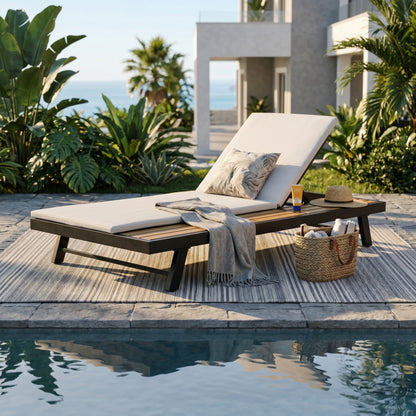 Black Iron and Teak Outdoor Chaise Lounge Set