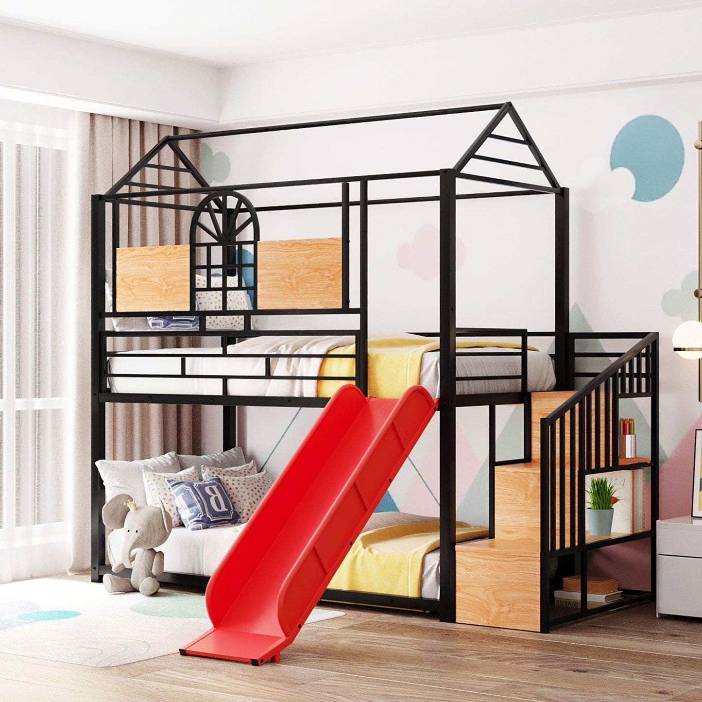 Metal House Bunk Bed With Slide and Storage