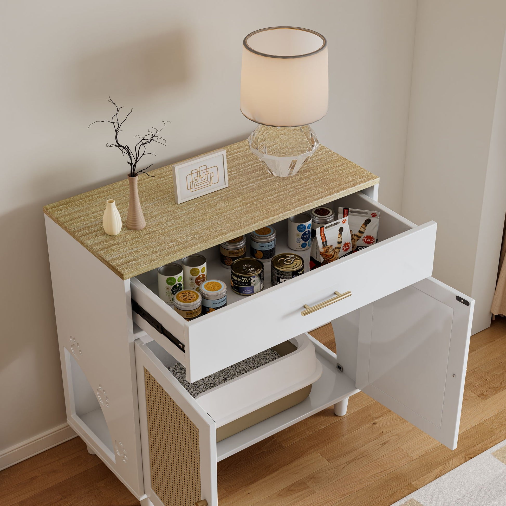 Cat Litter Box Enclosure HouseOfZazla white and light brown wood sideboard with lamp on top on Tampa Home & Garden Store