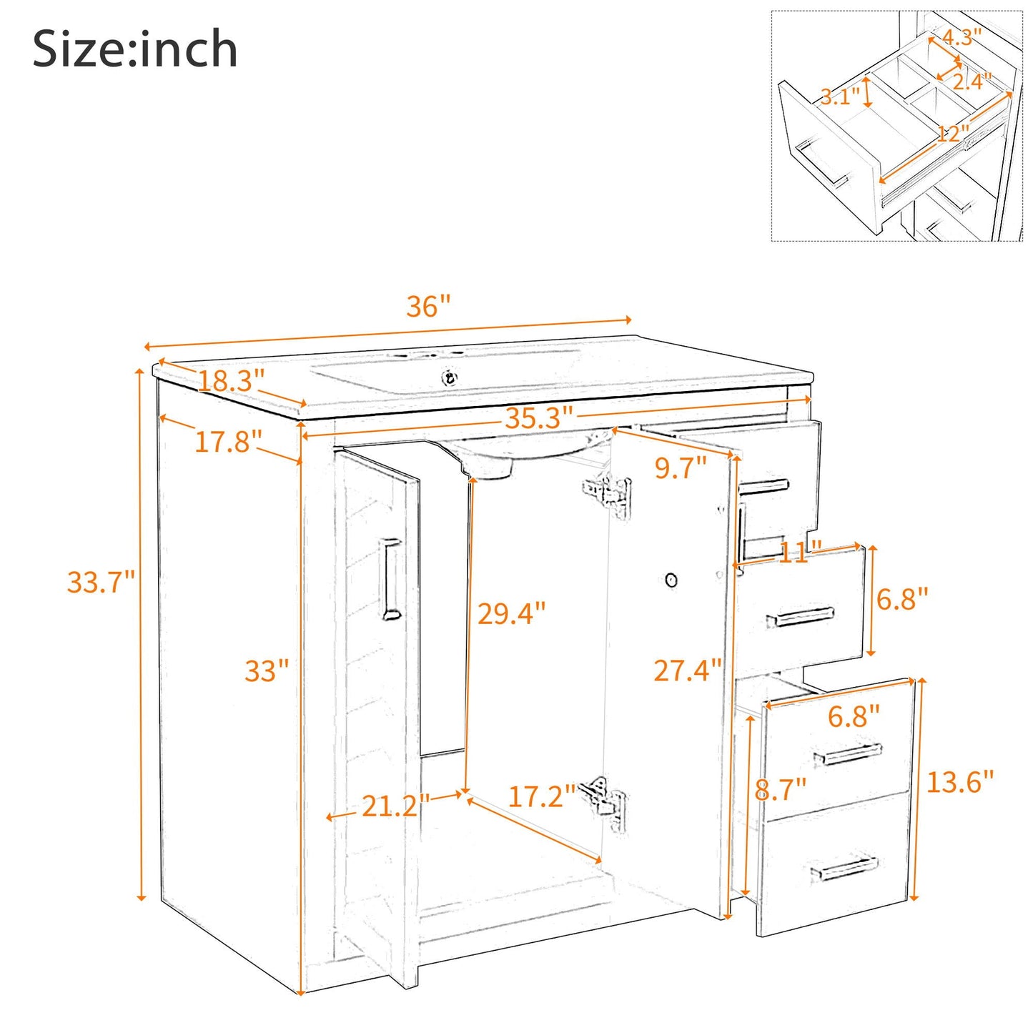 Bathroom vanity with sink by HouseOfZazla; freestanding cabinet with 3 drawers and soft-close doors on Tampa Home & Garden Store