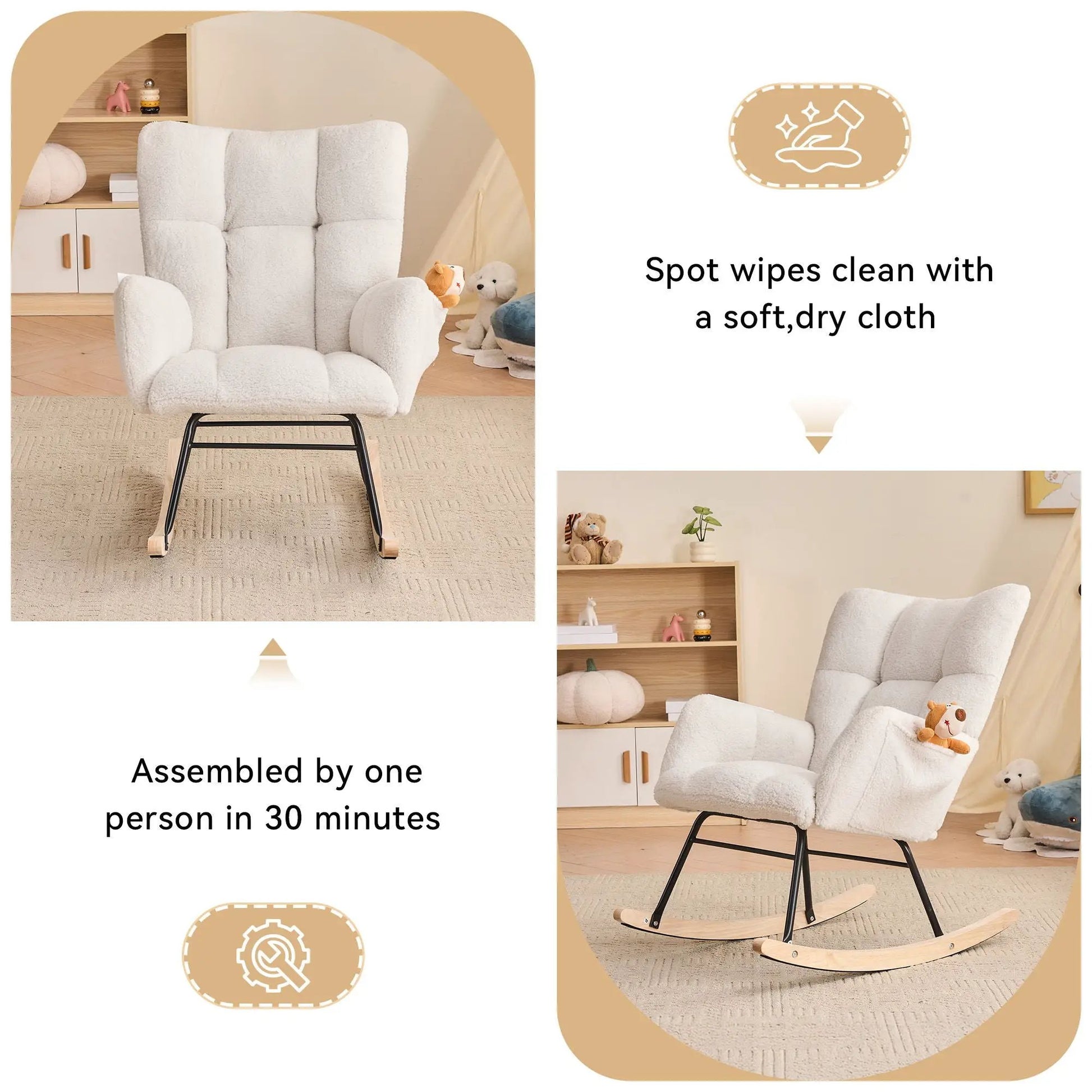 Ivory teddy-fabric rocking chair with black metal legs and rockers by Unique Piece Furniture on Tampa Home & Garden Store