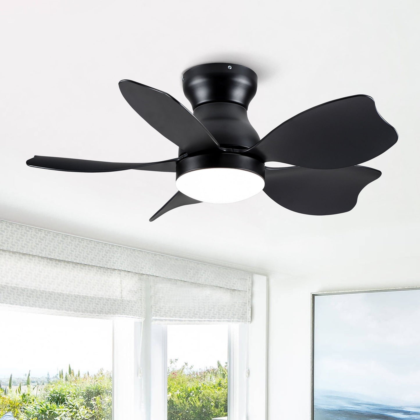Low Profile Flush Mount Ceiling Fan With Light by HouseOfZazla, black blades on Tampa Home & Garden Store
