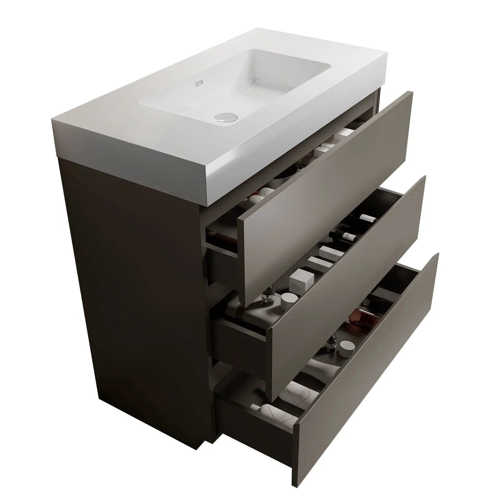 Alice bathroom vanity with one-piece sink basin, freestanding cabinet with drawers in dark gray on Tampa Home & Garden Store