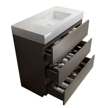 Alice bathroom vanity with one-piece sink basin, freestanding cabinet with drawers in dark gray on Tampa Home & Garden Store