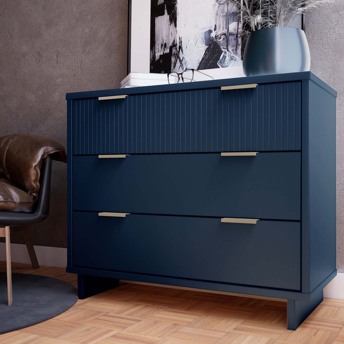 Solid Wood 3 Drawer Dresser with Ribbed Fronts navy blue with gold handles by HouseOfZazla on Tampa Home & Garden Store