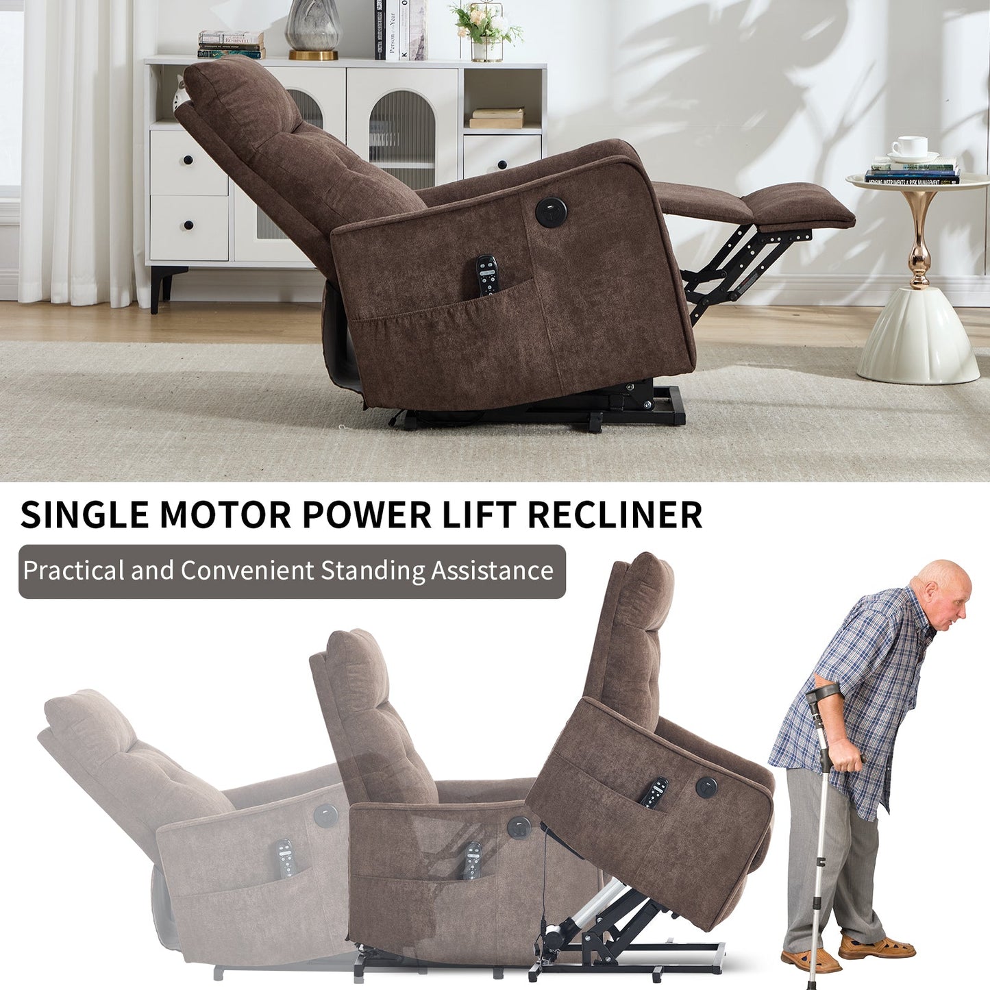 Single motor power lift recliner chair brown chenille with remote pocket HouseOfZazla on Tampa Home & Garden Store