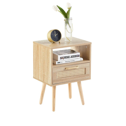 Rattan end table with drawer and solid wood legs, modern nightstand; gold clock and tulip vase on Tampa Home & Garden Store