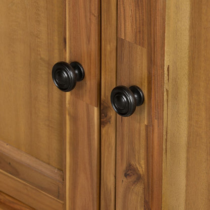 Solid acacia wood accent cabinet with two black round knob pulls on Tampa Home & Garden Store