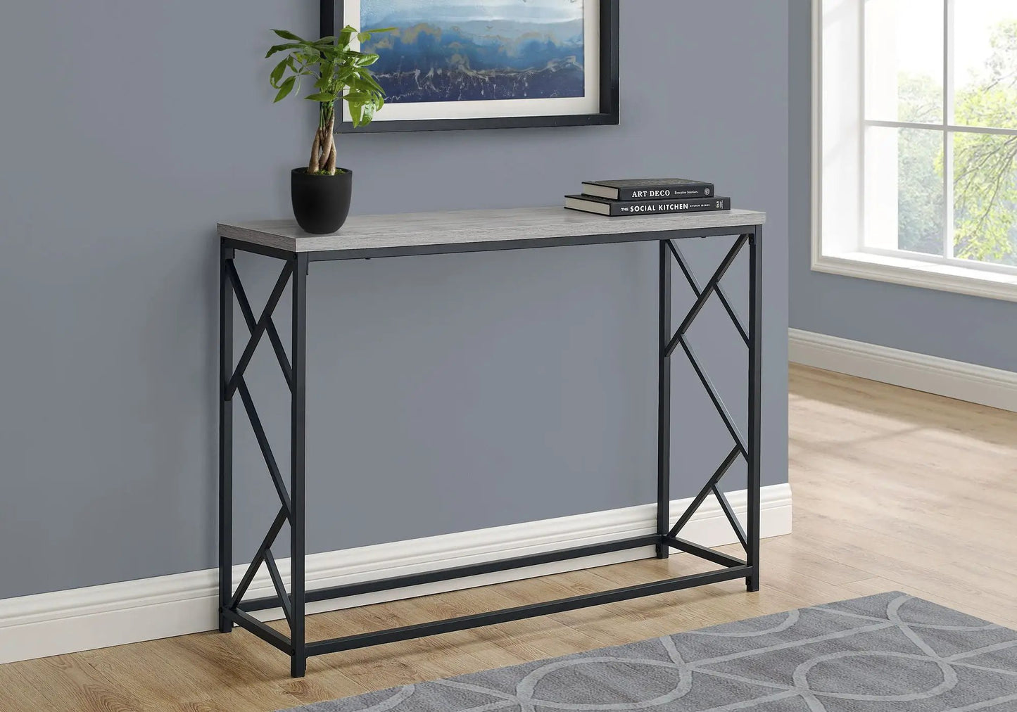 Accent Console Table For Entryway with light wood top and black metal legs on Tampa Home & Garden Store