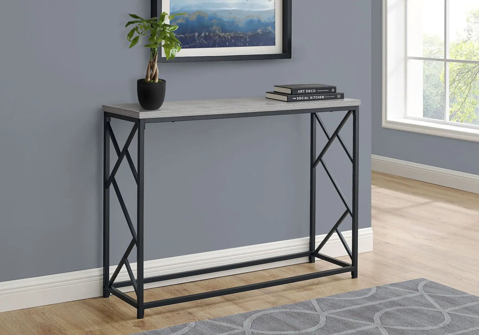 Accent Console Table For Entryway with light wood top and black metal legs on Tampa Home & Garden Store