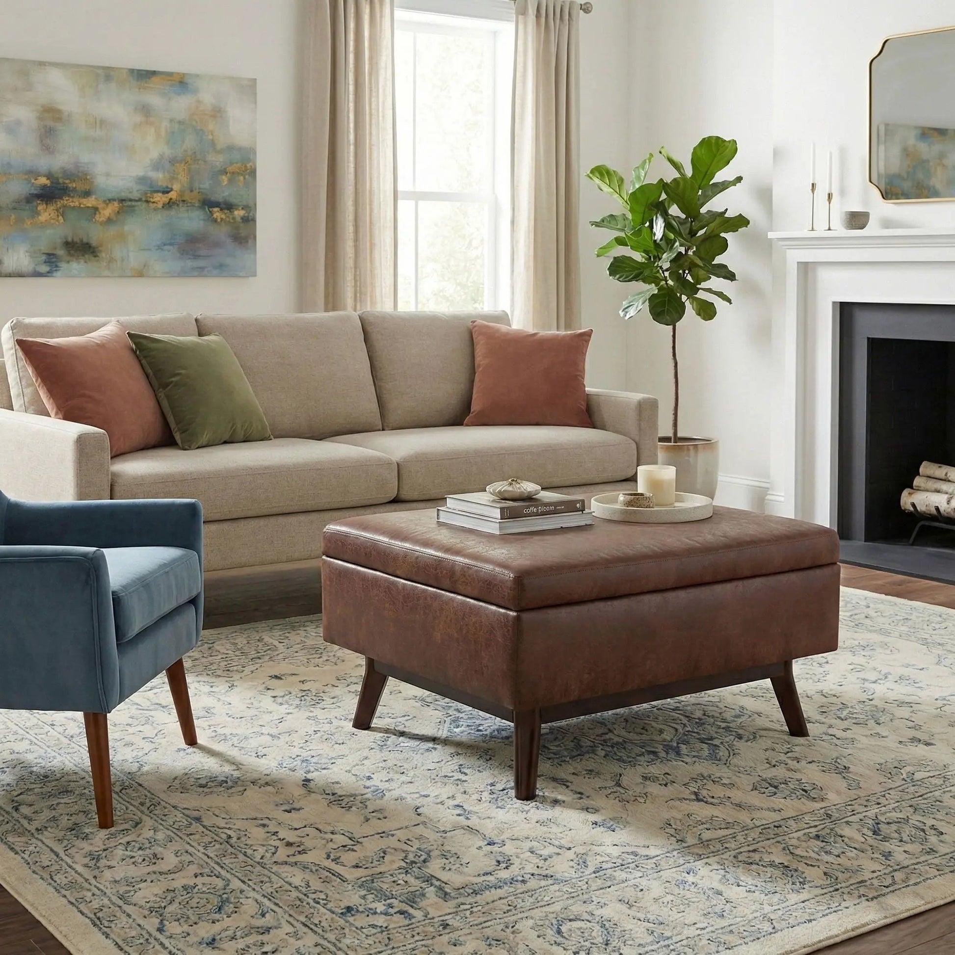 Owen Upholstered Rectangular Storage Ottoman brown leather with wood legs Unique Piece Furniture on Tampa Home & Garden Store