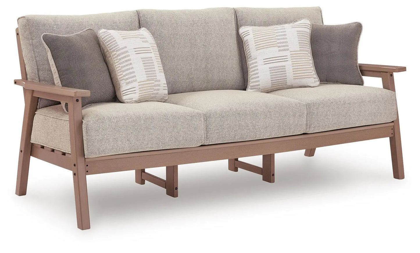 Grover Beach Sofa Driftwood beige fabric with two striped and two solid pillows on Tampa Home & Garden Store