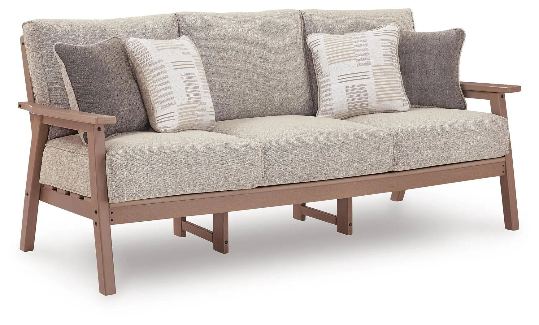 Grover Beach Sofa Driftwood beige fabric with two striped and two solid pillows on Tampa Home & Garden Store