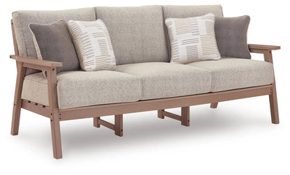 Grover Beach Sofa Driftwood beige fabric with two striped and two solid pillows on Tampa Home & Garden Store