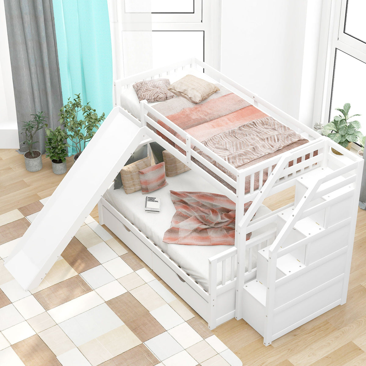 White bunk bed with storage staircase, slide, desk, drawers and shelves by HouseOfZazla on Tampa Home & Garden Store