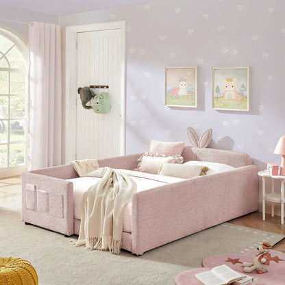 Cute Rabbit Ear Upholstered Platform Bed Frame with Safety Rail in soft pink fabric on Tampa Home & Garden Store