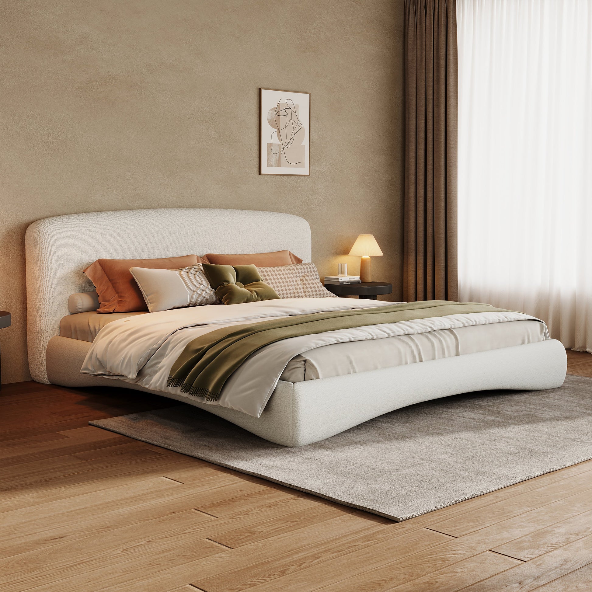 Curved upholstered bed by HouseOfZazla in beige fabric with a cushioned headboard and smart ambient lighting on Tampa Home & Garden Store