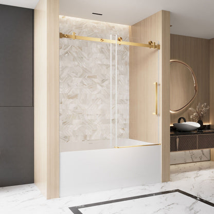 Frameless single sliding shower door with gold square-tube track and handle on Tampa Home & Garden Store