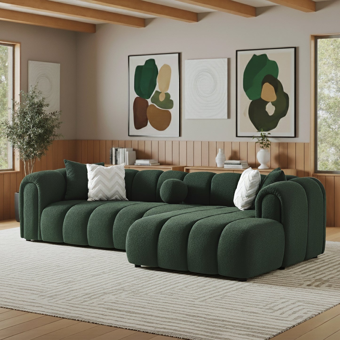 Beatrice Modern Tufted Dark Sectional green tufted sofa by HouseOfZazla in living room on Tampa Home & Garden Store